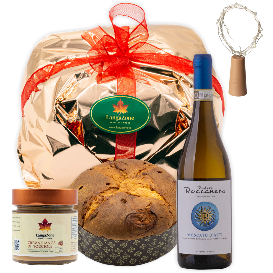 Panettone artigianale a lievitazione naturale con Marrons glacès + crema bianca di nocciole IGP + moscato d'Asti Poderi Roccanera