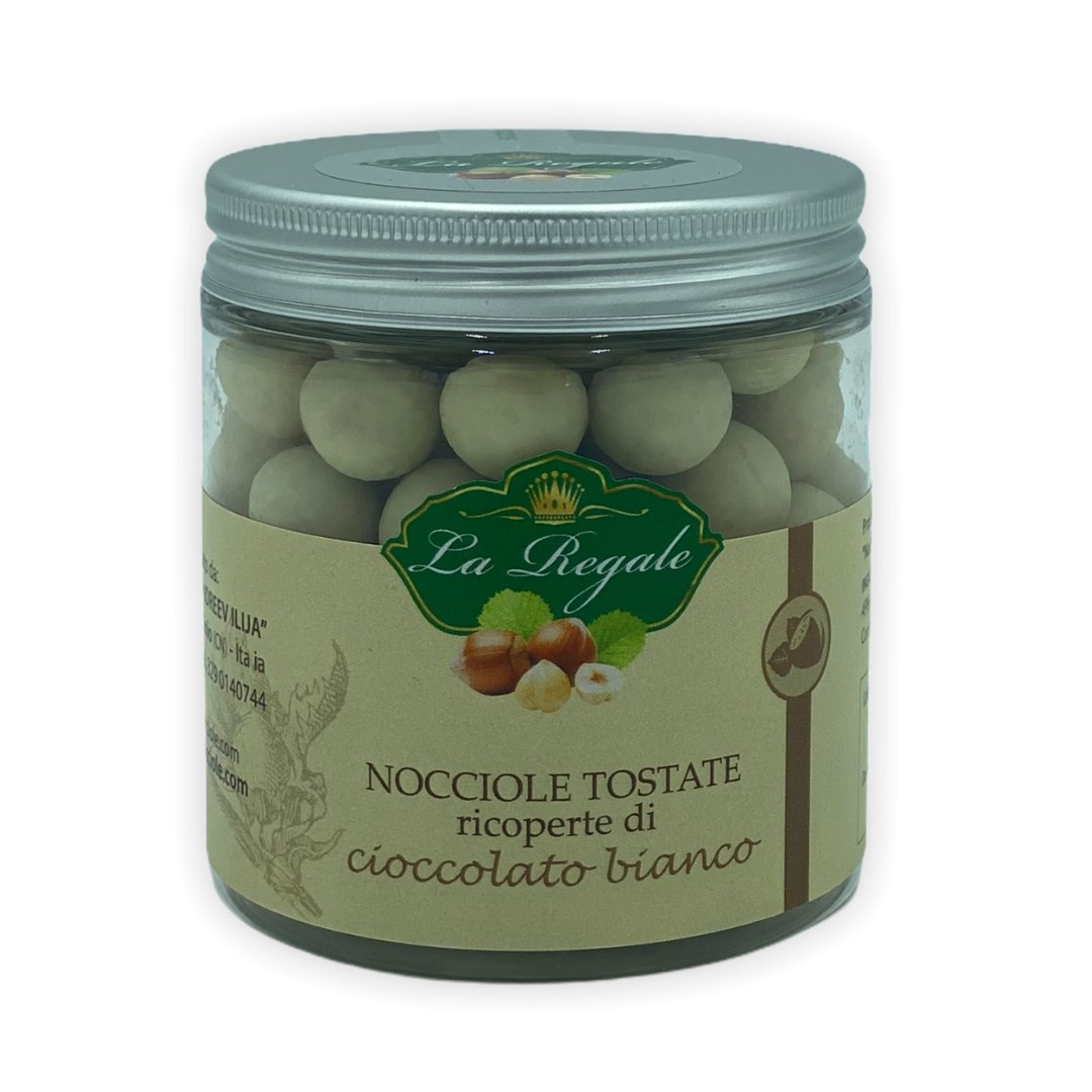 Nocciole tostate ricoperte con cioccolato bianco