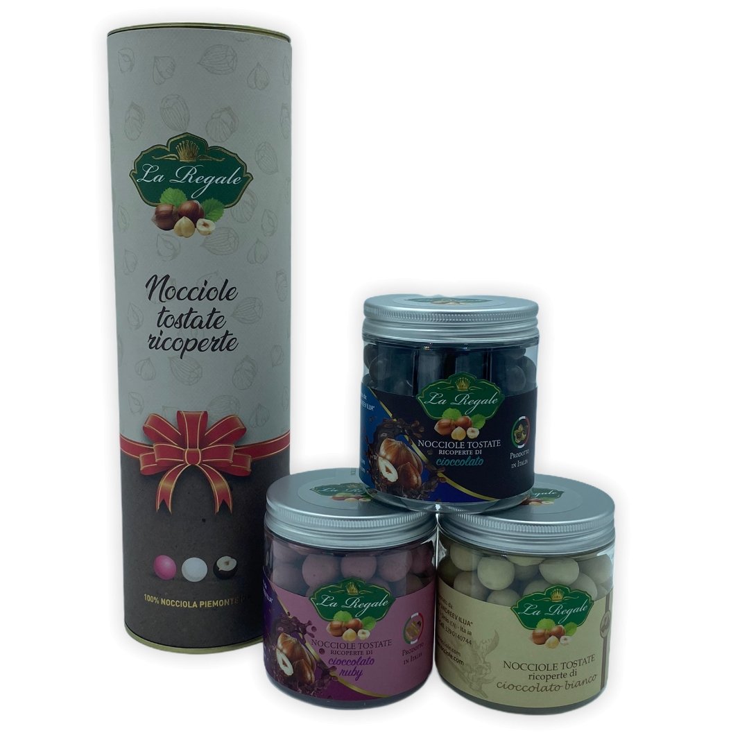 Scatola regalo 'tris di nocciole tostate ricoperte'